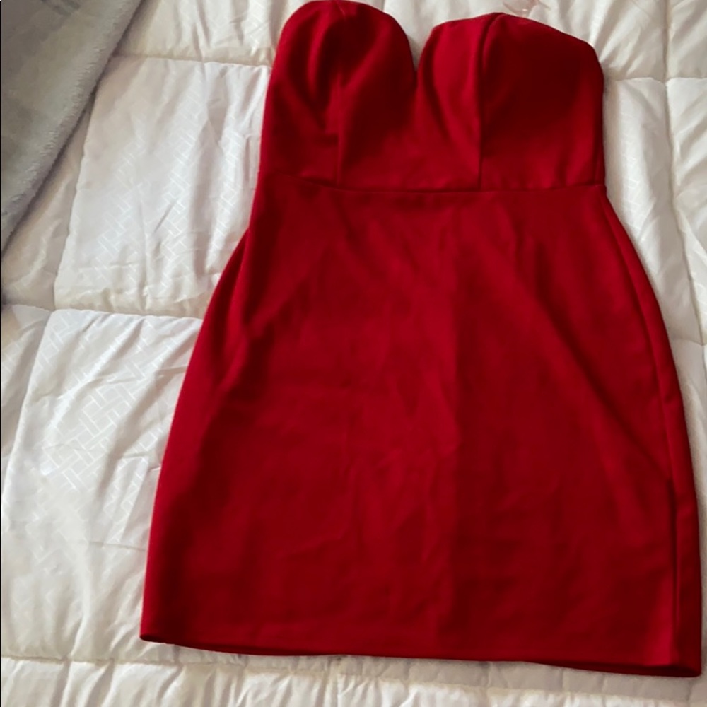 Red strapless mini dress